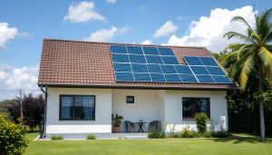 Casa con paneles solares en el tejado.