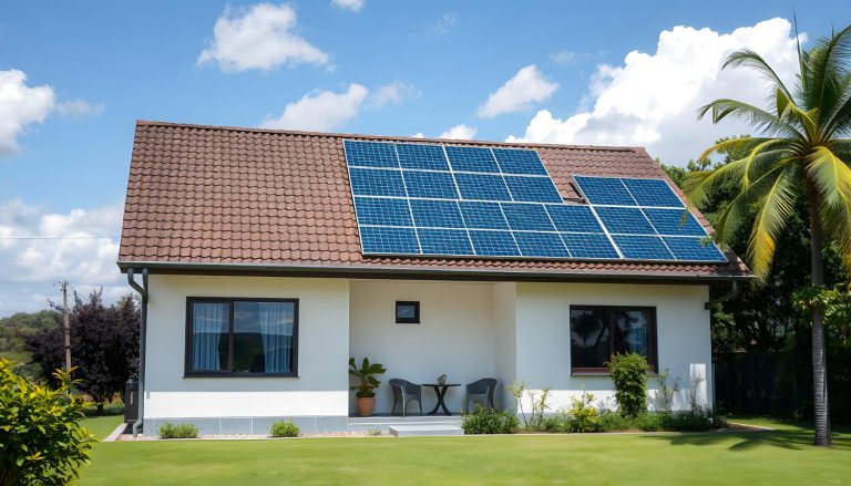 Casa con paneles solares en el tejado.