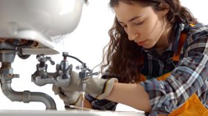 Técnica revisando instalación de fontanería en baño.