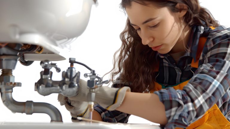 Técnica revisando instalación de fontanería en baño.