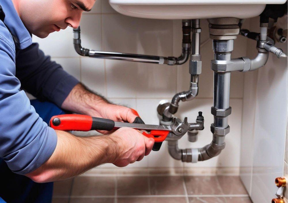 Fontanero ajustando tubería bajo lavabo.