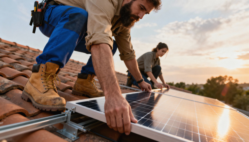 Instaladores colocando paneles solares en tejado.