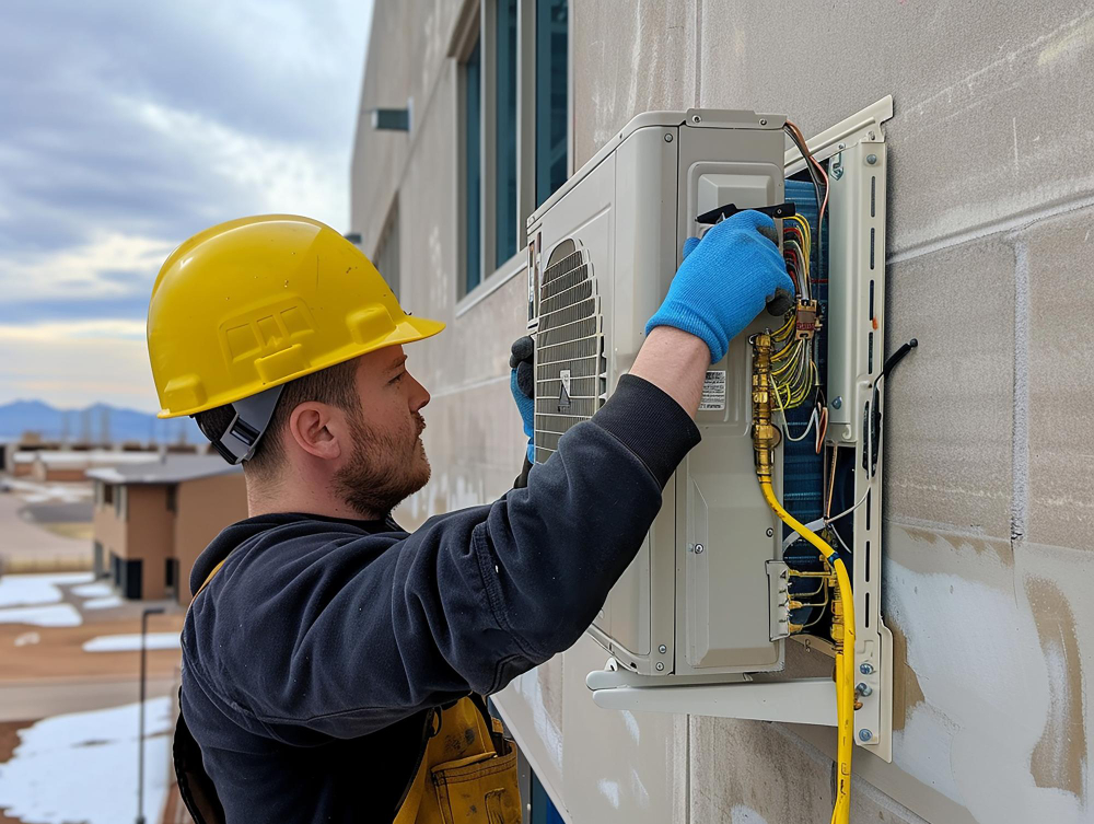 Técnico montando equipo eléctrico en pared.
