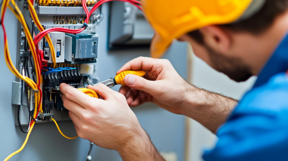 Electricista revisando conexiones de corriente.