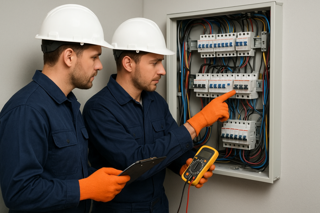 Dos técnicos eléctricos revisando cuadro de distribución