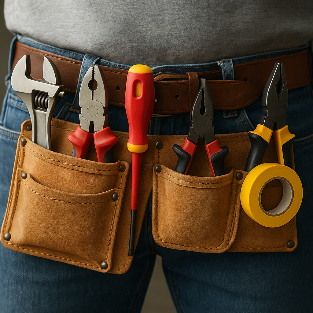 Herramientas de fontanería y electricidad en cinturón de trabajo
