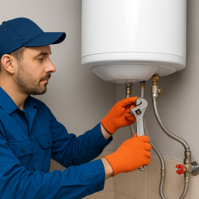 Fontanero instalando calentador de agua doméstico