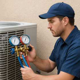 Técnico midiendo presión de aire acondicionado con manómetros